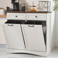 Double Tilt Out Trash Cabinet Freestanding Kitchen Trash Cabinet, 2x13 Gallons Hidden Garbage Recycling Cabinet with Hideaway Drawers Pet Proof Trash 