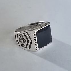 EBONY BLACK BEZEL SET QUALITY SILVER ETCHED TITANIUM NEW SIZE 9 MENS RING