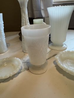 Anchor Hocking 1950's Embossed Grape Pattern Milk Glass Pedestal Glass