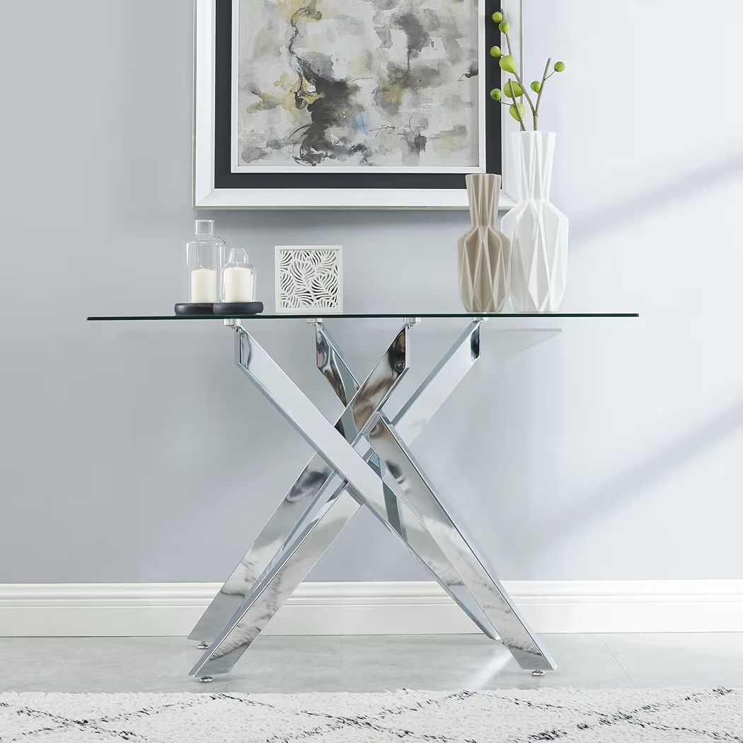 Modern Style Console Table Narrow Sofa Table with Tempered Glass Top and Metal Tubular Legs, 45" Lx18 Wx30 H, Silver
