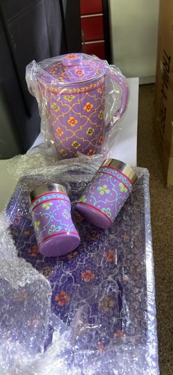 Hand-Painted Purple Floral Pitcher and Cups Set
