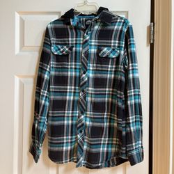 First Wave Black, Blue & White Hooded Flannel Shirt – Size 16 – NWOT