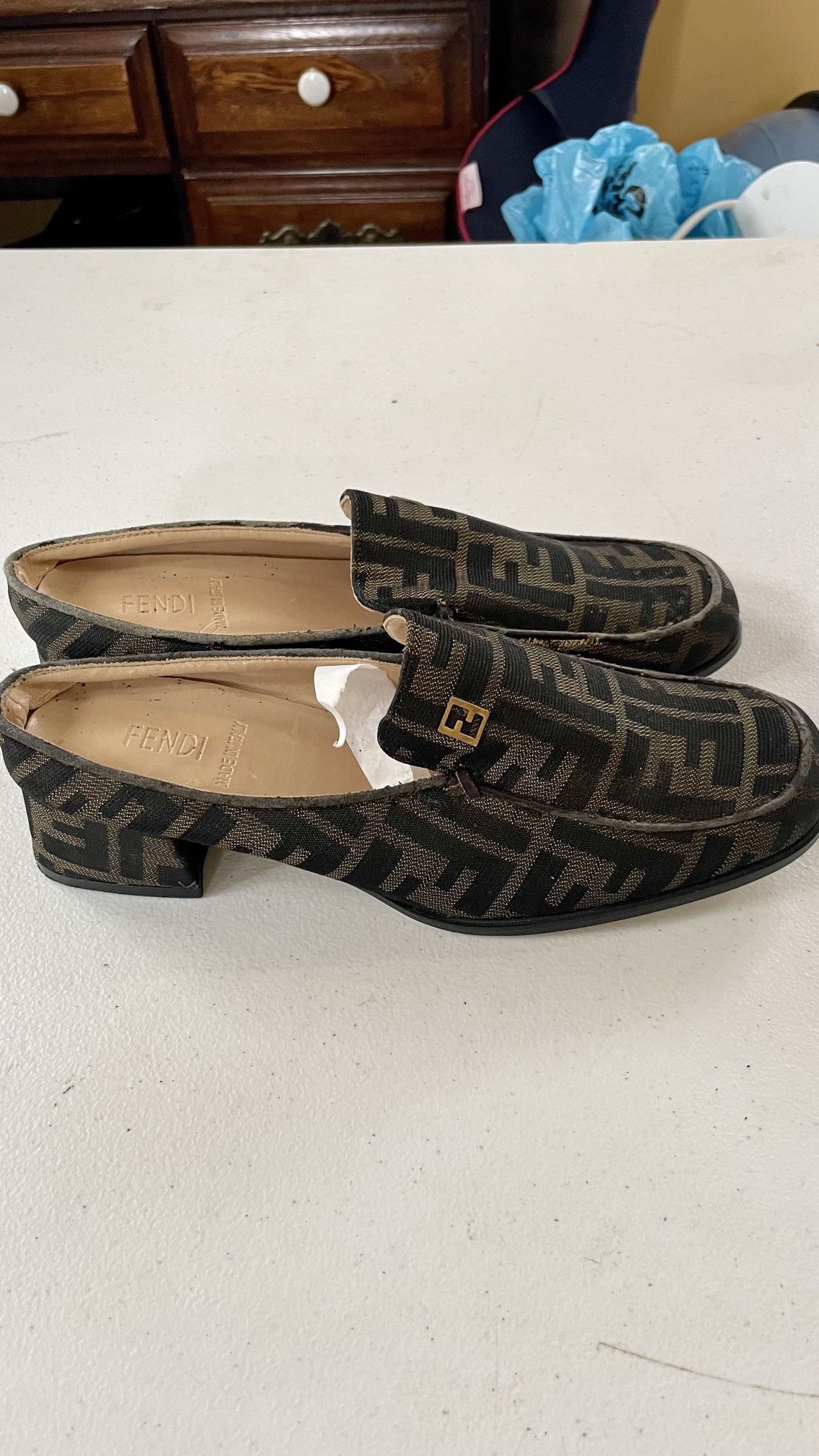 Vintage Fendi Zucca Monogram FF Loafer Mules Size 9 - Slip-On Heels Y2K