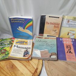 SET OF MASSAGE INSTRUCTIONAL  HEALTH & BUISNESS BOOKS CABINET & LAMP INCLUDED