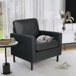 Coewske Faux Leather Accent Chair Modern Single Sofa Chair Armchair w/ Side Pockets Black brand new in box $85 J3（3）