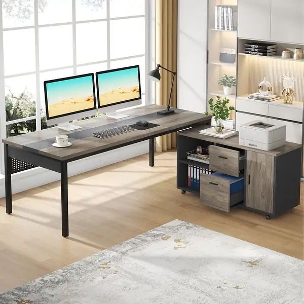 Lanita 71 in. Gray Wood L Shaped Computer Desk with Mobile File Cabinet Large Modern Executive Desk for Home Office