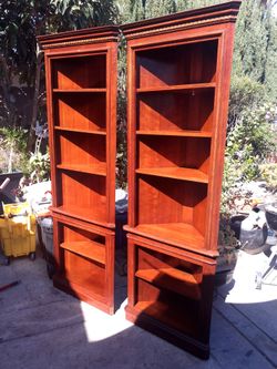 Pair of Tall Wood Corner Bookcases
