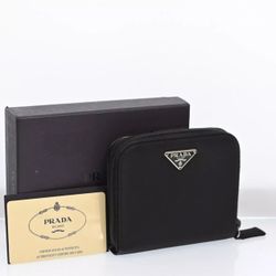 Luxury Prad Logos Nylon Leather Compact Wallet Purse Black 