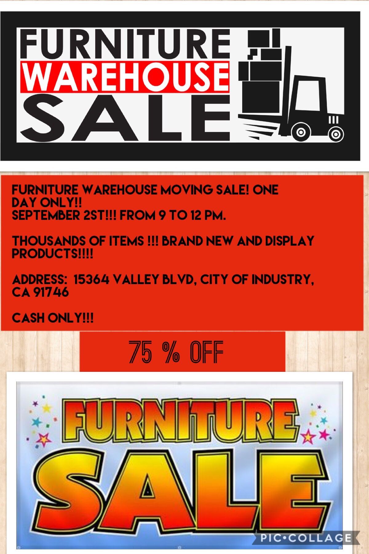 Furniture Warehouse Moving Sale 75% OFF