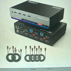 NEW HDMI KVM Switch 3 Monitors 2 Computers. 4K@60Hz, USB 3.0 KVM Switch Triple Monitor 2 Ports HDMI, Support EDID, 1G Ethernet, Hotkey Switch, Audio&M