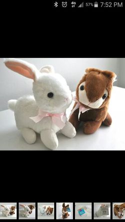 New pack of 2 White and brown pink bow relastic plush bunnies