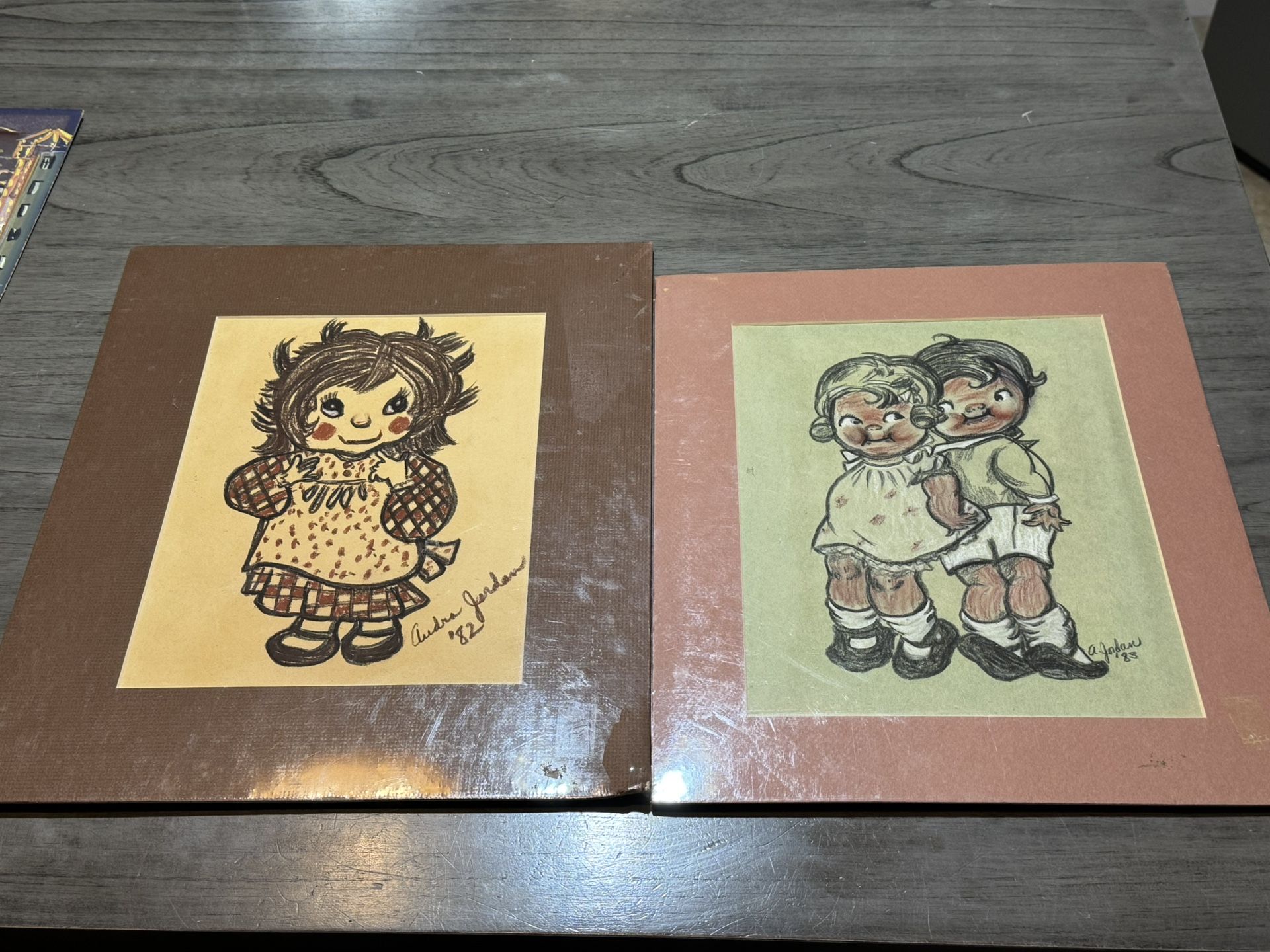 Pair Of 1980s Art Deco Style Art Crayon And Pastel On Paper Childs Room Decor