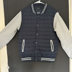 Ring of Fire Men's 2fer Varsity Jacket (Navy/Gray, Large)