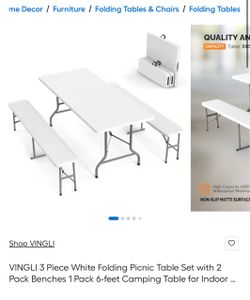 VINGLI 3 Piece White Folding Picnic Table Set with 2 Pack Benches 1 Pack 6-feet Camping Table for Indoor or