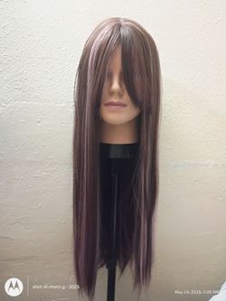 Brown with pink synthetic wig straight with bangs