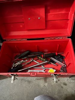 Red Plastic Toolbox with Assorted Hand Tools