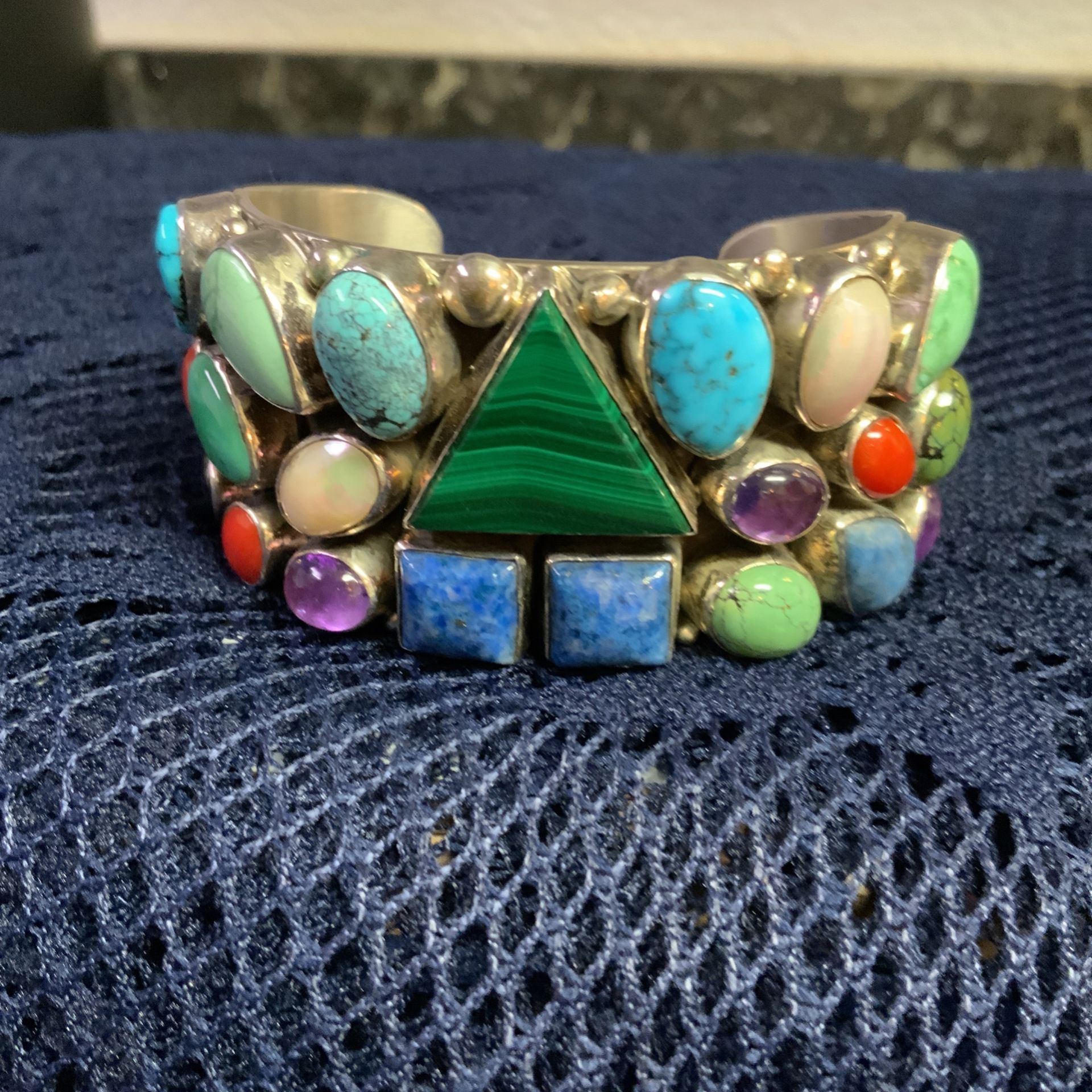 RICHARD SONG SR. 925 Silver Cuff Bracelet with Three Rows of Natural Gemstones