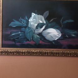 Beautiful Twin Rose Oil Painting Gorgeous Antique Frame