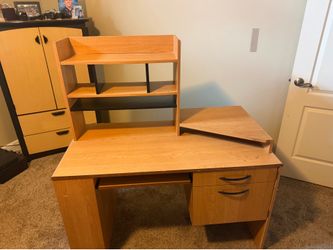 Large traditional wooden computer/office desk with a built-in hutch and storage