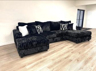Black Plush Sectional Sofa with Double Chaise