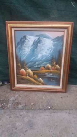 Vintage "Simon" Mountain Landscape Oil Painting – Large Framed Canvas Cabin Decor