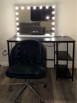 Black Vanity Desk with Hollywood Mirror and Chair
