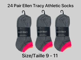 Brand new, never used Ellen Tracy ladies athletic socks. Total 24 pairs (3 packs of 8). Size 9-11.