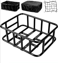 Bike Basket Rear, Large Bicycle Basket with Cargo Net, Liner and Waterproof Cover for Electirc Bike, Ebike and Bikes, Large Capacity Wire Bakset
