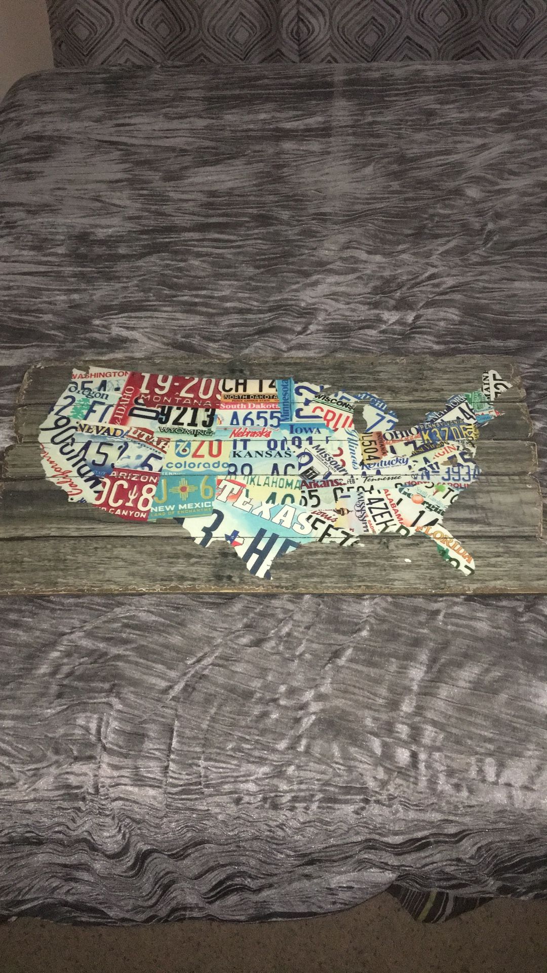 US license plate map wood