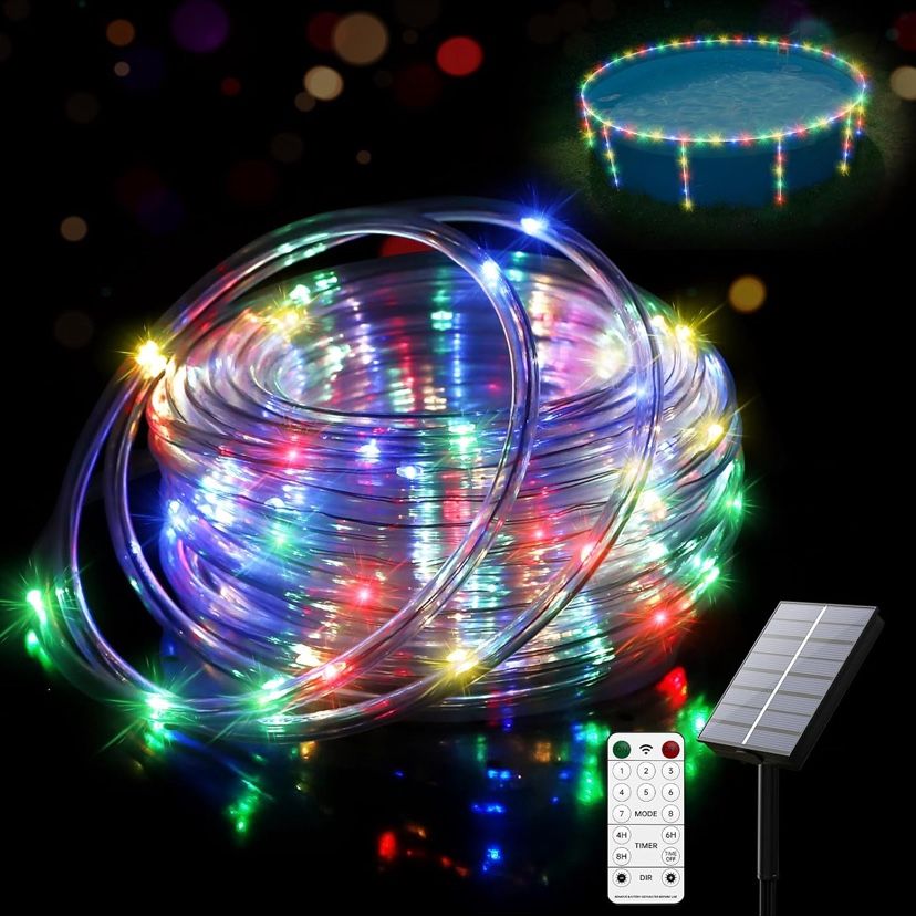 65.6ft Solar LED Pool Lights for Above Ground Pools – Waterproof 200 LEDs with Remote, 8 Color Modes – Outdoor String Lights for Frame Pools