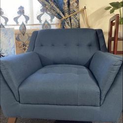 RC Wally Wide Tufted sofa Mid-Century Modern Comfy Accent  with Wood Legs, Solid Wood Frame single Sofa for Bedroom, Living Room, Hotel, Blue