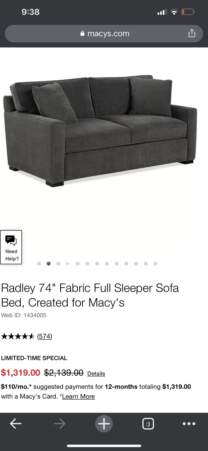 Radley 74" Fabric Full Sleeper Sofa Bed, Created for Macy's