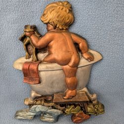 Vintage 1970s Chalkware "Boy With Frog In Bathtub" Plaque