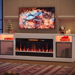 New 70 inch Fireplace TV Stand with 36" Electric Fireplace, High Gloss Entertainment Center for TVs up to 80 inch with LED Lights, White