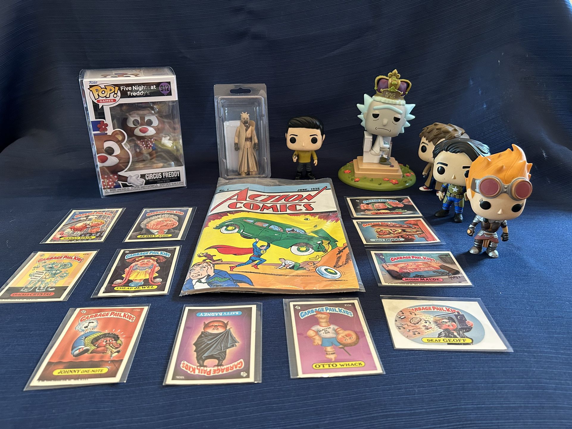 Pop Culture Collectibles Bundle: Funko Pops Cpt Kirk, Star Wars Action Figure, Garbage Pail Kids Cards,Cert Of Authenticity Action Vintage Comics