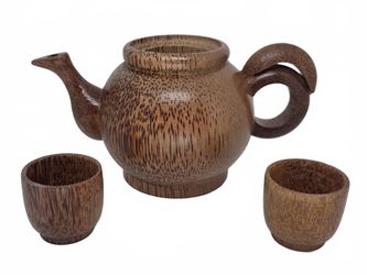 Vietnamese Handcraft Natural Coconut Wood Teapot & Cups Set (READ)