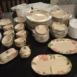 82 pieces Franciscan Dusty Rose dinnerware plates bowls serving butter sugar cup sauce dessert
