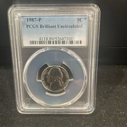 1987 P Brilliant Uncirculated Jefferson Nickel Graded By PCGS 5-7