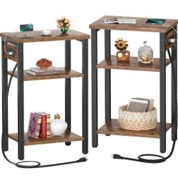 End Table Set of 2 with Charging Station, 3 Tier Small Nightstand with Storage Shelf, Slim Side Table with USB Ports & Outlets