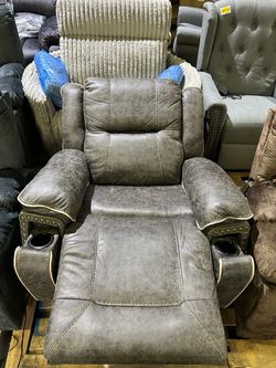 Gray Faux Leather power lift and Recliner with Cup Holders