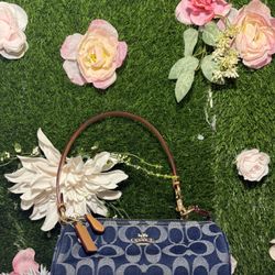 Coach Blue Brown Logo Shoulder Bag Gold Hardware Top Handle for Women