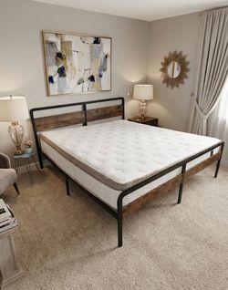King Size Rustic Wood and Metal Bed Frame and Mattress