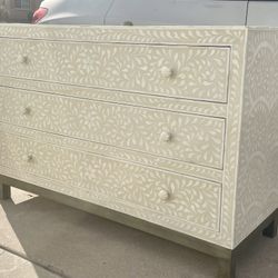 Gorgeous High End Bone Inlay 3 Drawer Dresser w/ Metal Wrapped over Wood Base