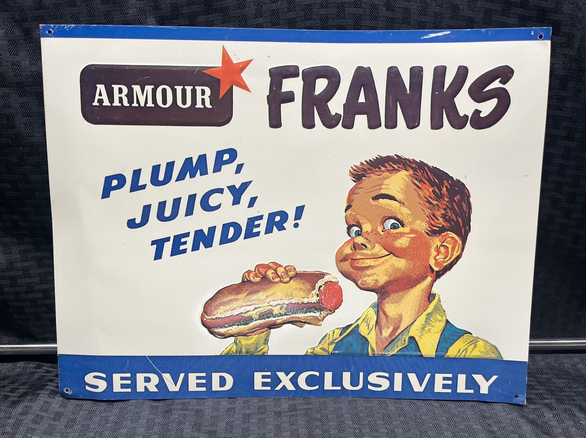 Vintage Armour Franks Plump, Juicy, Tender! Served Exclusively Hot Dog Metal Sign