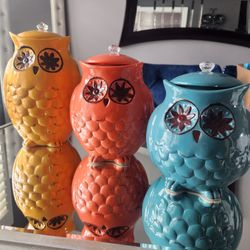 3 Owl Jars with crystal top (large, medium and small)