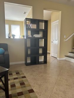 Adjustable espresso geometric bookshelf