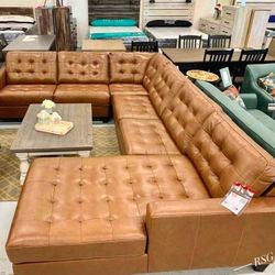 Real Leather Brown 4 Piece Sectional Couch With Chaise 💛 No Needed Credit Check 💛 $39 Down Payment with Financing