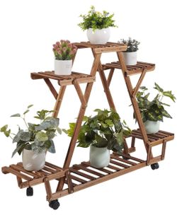 Triangular wood Plant Stand 32 inch Tall Shelf with Wheels Indoor 6 Potted Wooden Flower Pot Stand for Window Patio Garden Display Succulents Flower P