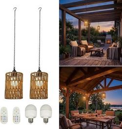 Battery Operated Outdoor Chandelier Hanging Pendant Light Remote Boho Handwoven Rattan Cordless