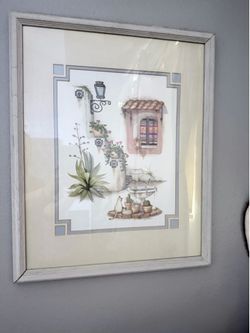vintage Southwest Carol Jean framed watercolor art print featuring a cat in a patio scene.